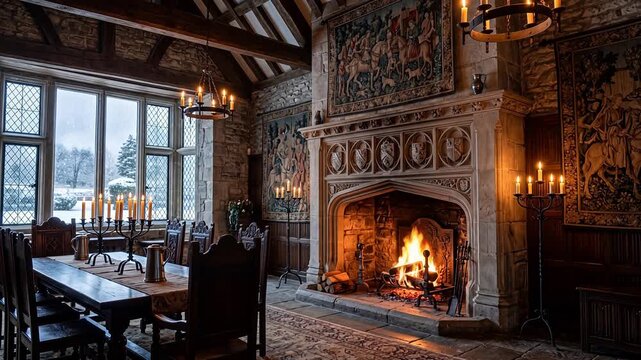 Grand English manor great hall in winter with a roaring fire in a carved stone fireplace, tapestries, candelabra and snow falling beyond the mullioned windows &mdash; baronial seamless looping background

