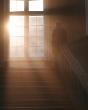 Silhouetted figure ascends stairs toward warm, glowing window light. Sunbeams pierce dust, casting golden rays across steps. Mysterious, solitary mood evokes reflection or journey ahead