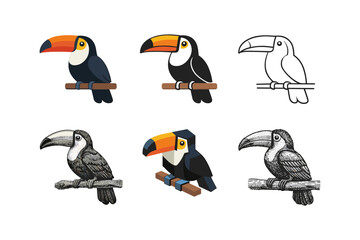 Fototapeta premium Collection of six toucan illustrations in various artistic styles on a white background