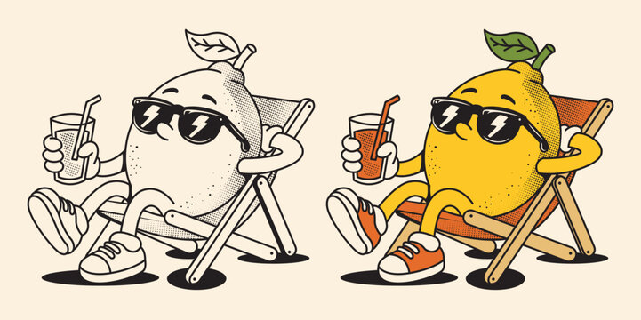 Retro lemon cartoon mascot chilling with sunglasses and a drink, summer vibes, beach fun, perfect for t-shirts, posters, stickers, and print design