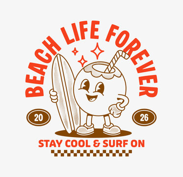 Retro coconut cartoon mascot with surfboard, summer beach vibes, perfect for t-shirts, posters, and streetwear print design