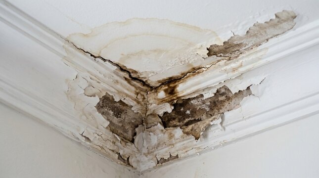 Damaged Ceiling Corner with Water Stains and Peeling Paint Indicating a Roof Leak