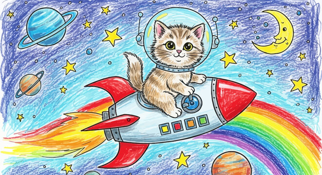 Cute Cartoon Kitten Astronaut Flying a Space Rocket in Galaxy