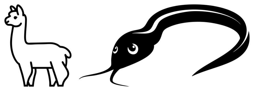 Simple art drawing of a llama, also known as a llama or pack animal, alongside a sleek black eel, or sea snake, presented in a clean graphic style.