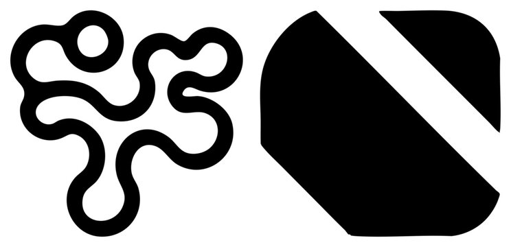 This minimalist duo features an amoeba like squiggle alongside a bold slice motif. The blobby creature and the chunky block create a high contrast visual tension through fluid and rigid forms.