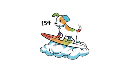 Obraz premium Cute Cartoon Puppy Surfing on a Cloud with Rainbow Colors