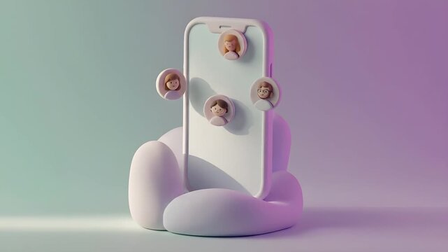 3D smartphone with floating user avatars on pastel cloud base representing social media network