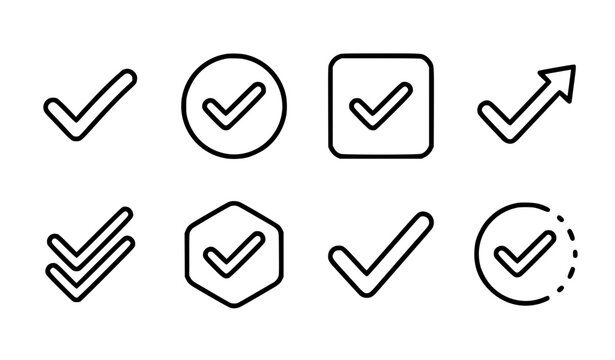 Checkmark and Tick Line Icon Set with Circle Square Hexagon Arrow and Double Check Verified Symbols for Web UI and App Designs