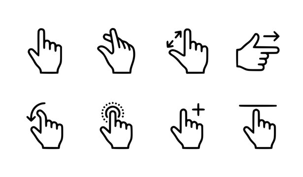 Touch Screen Hand Gesture Icon Set Featuring Linear Finger Tap Swipe Zoom Click and Multi-Touch Symbols for Mobile Application Interfaces User Experience and Interactive Digital Navigation