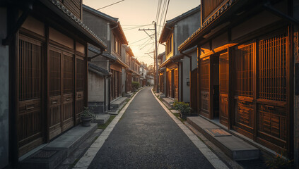 Fototapeta premium 夕方の古い町並みと木造家屋が静かに続く和風背景
