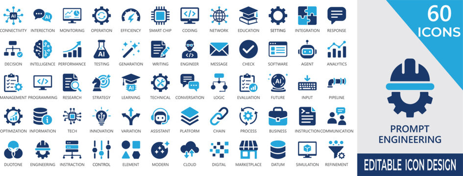 Prompt engineering solid icon set with machine learning, , connectivity, interaction, optimization, intelligence, education, generate, and ai productivity symbols.