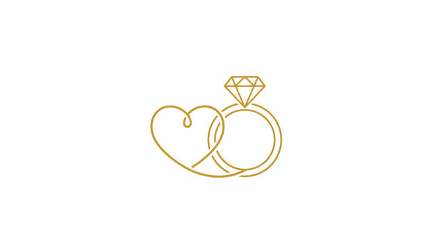Golden wedding ring, heart shape, diamond ring, love symbol, vector icon