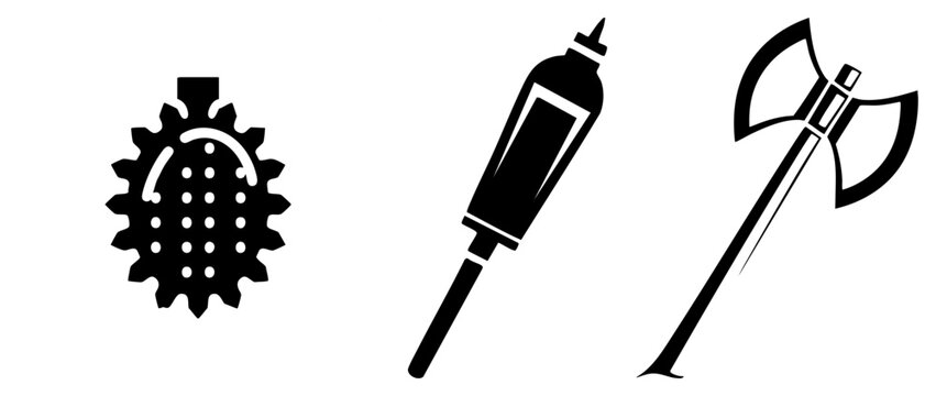 This sharp collection includes a, a medical syringe, and a heavy battle. These dark silhouettes, including a war hammer and a, provide a bold graphic edge.