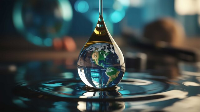 A clear liquid drop containing a small glowing earth globe reflecting light on a dark blue rippling water surface area