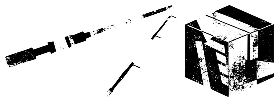 Gritty isometric block alongside heavy duty crowbars and pry bars. This textured set features weathered wrecking tools and a rough geometric monolith for industrial design projects.