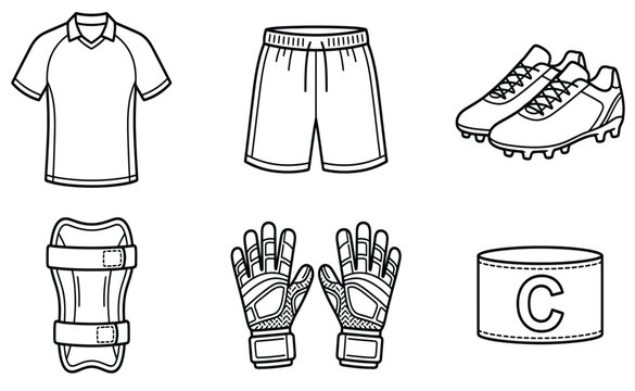 Black and white vector illustration set displaying essential professional football equipment items for sports match play