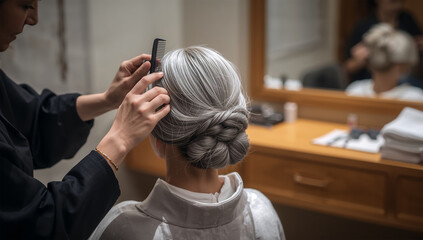 Fototapeta premium 美容室で銀髪の和髪を整える日本人シニア女性