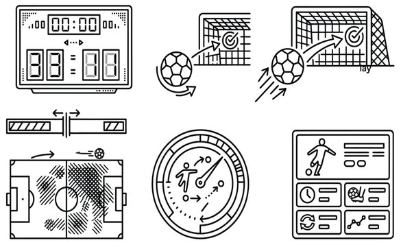 Detailed soccer vector illustration set featuring scoreboards goals field tactics and athletic game statistics icons collection