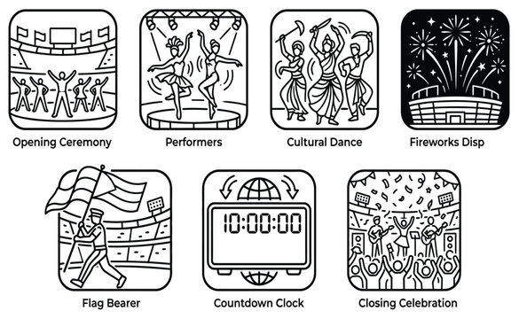 Set of black and white vector line art icons depicting various sports stadium event activities