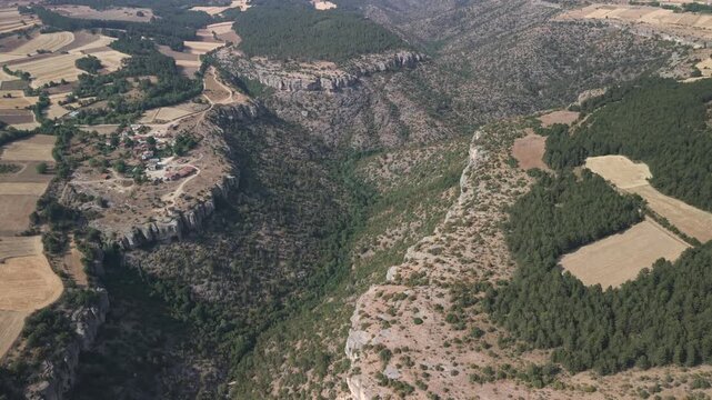 4K 10-bit top-down drone shot of Crystal Glass Terrace observatory and remote village over Tokatli Canyon in Safranbolu, Turkey