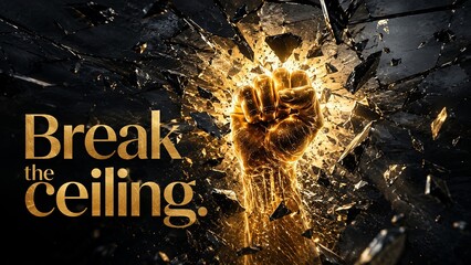 Obraz premium Glowing golden fist punching and shattering a dark glass ceiling, featuring a typography quote about market disruption and overcoming limits.