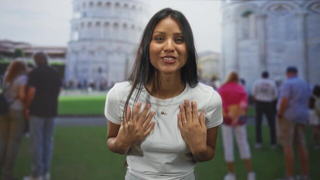 Woman with hands pressed to chest and mouth open in shocked surprise while standing before a famous historic building with tourists nearby; surprise wonder.
