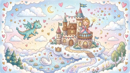 Naklejka premium Cheerful princess waves magic wand from castle balcony as a dragon flies and swan swims