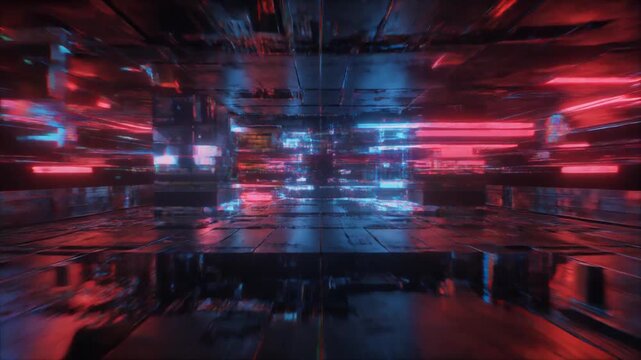 Cinematic Cyberpunk Glitch Environment with Red and Blue Digital Distortion Waves and Flickering Neon Lights in Technological Corridor, Full HD Motion Background