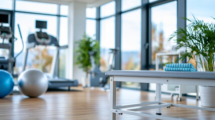 Obraz na płótnie Canvas Bright physical therapy room with exercise equipment and a treatment table beside large windows, rehabilitation and wellness facility concept, defocused, with copy space