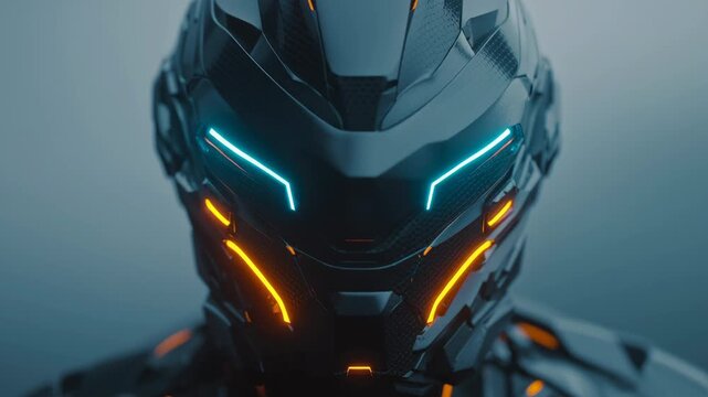 Futuristic Robot Head with Neon Lights Close Up.