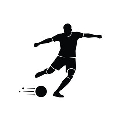 Obraz premium Dynamic silhouette of a soccer player kicking a speeding ball, illustrating powerful leg action and precise aim during an offensive play in football.