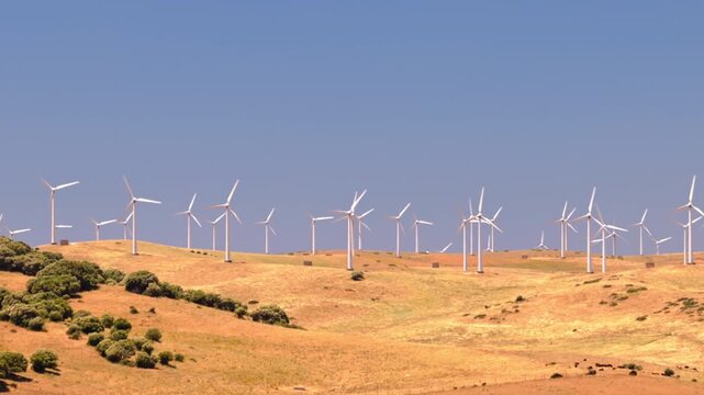 Cinematic drone footage of a large wind farm with turbines generating clean renewable electricity across a rural landscape. Sustainable energy infrastructure supporting decarbonization and climate goa