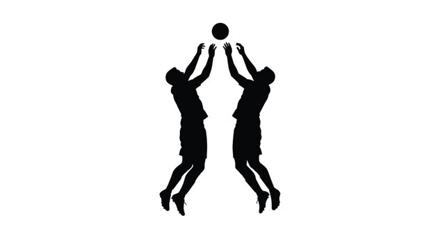 Two dynamic silhouettes of soccer players jumping to contest a header, showcasing intense competition and aerial battle for the ball in a game.