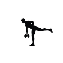 Obraz premium Silhouette of a man performing a single-leg dumbbell deadlift, focusing on balance, strength, and hamstring and glute activation during weightlifting.