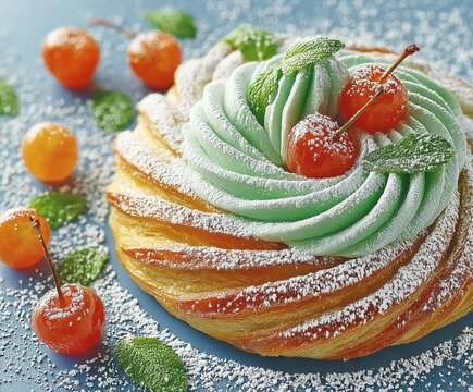 Exquisite round puff pastry cake with green cream frosting cherries and powdered sugar on light blue surface Concept of creative confectionery art