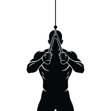 Silhouette of a muscular man performing a triceps pushdown with ropes, demonstrating upper body strength and isolation for arm development.