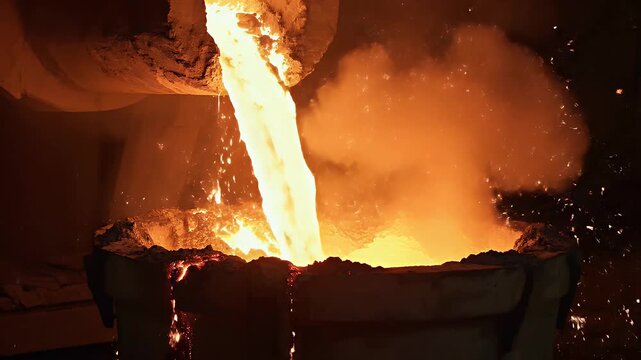 Molten metal pours from a crucible, showering sparks and smoke