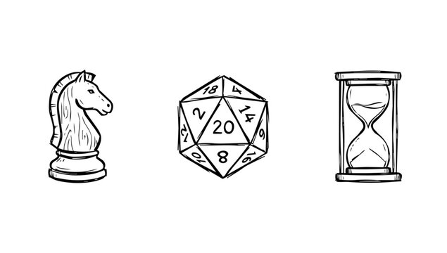 Board game doodle line trio with chess knight, polygon dice, and hourglass timer piece