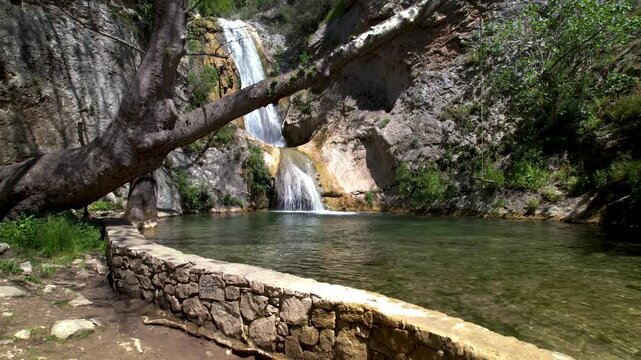 Palia Kavala Waterfall in Hiking Path of Kavala Mountains, Drone Dolly Shot