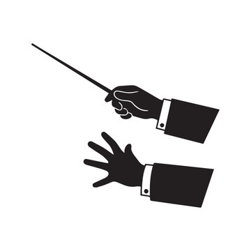 Silhouette of music conductor hands holding baton for orchestra performance
