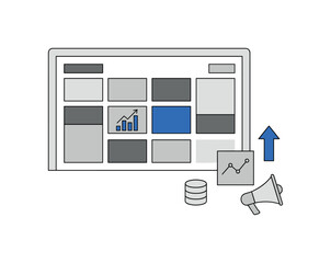 Obraz premium Minimal analytics dashboard screen as product with simple rectangular layout and abstract performance blocks, surrounded