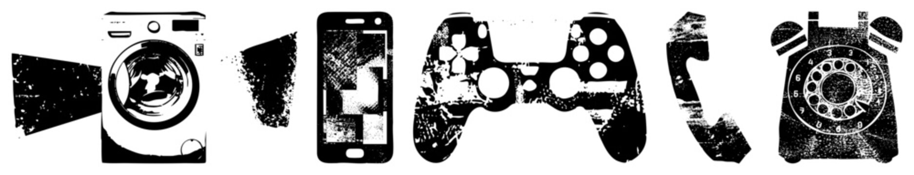 This set features a distressed washing machine, a mobile handset, and a gaming controller. These worn out tech relics, including an old school rotary dial and a handset, show heavy texture.