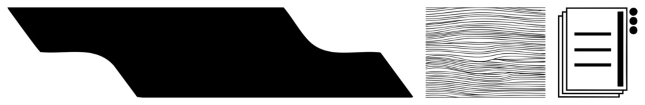 Bold black silhouette resembling a landscape ridge or heavy slab, paired with flowing organic and a stack of papers. This composition features a rugged landform and organized files.