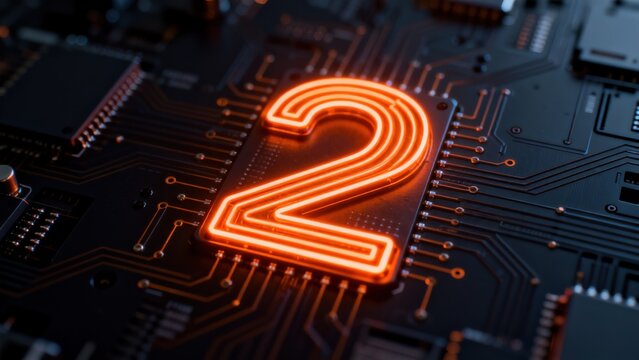Circuit board with glowing number two