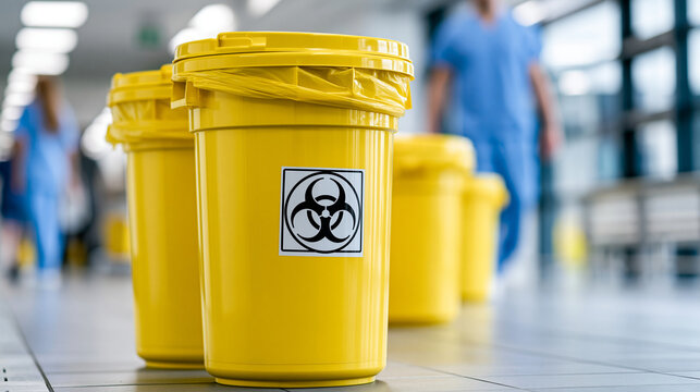 Yellow medical waste disposal bins in a busy hospital corridor, clinical hygiene and biohazard waste management concept, defocused, with copy space