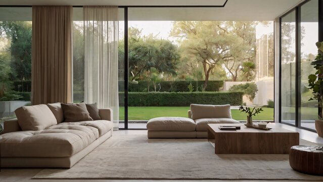 Modern living room with large windows overlooking a green garden