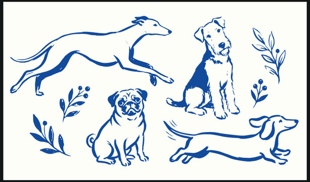 Stylized dog breeds greyhound terrier pug and dachshund with botanical accents in minimalist blue line art on white background
