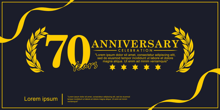 70th years anniversary celebration emblem. yellow anniversary award logo isolated with laurel wreath and ribbon on black background. vector illustration template design for web banner