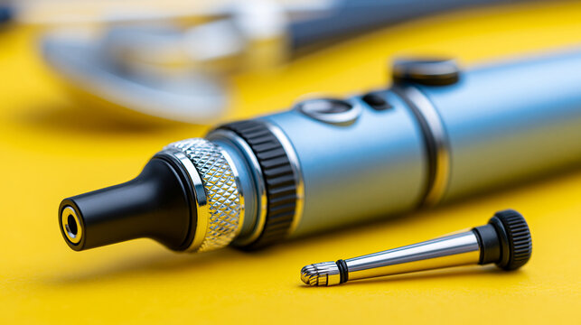 Modern otoscope and ear speculums on a bright yellow background, hearing examination and ENT medical equipment concept, defocused, with copy space
