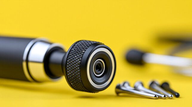 Modern otoscope and ear speculums on a bright yellow background, hearing examination and ENT medical equipment concept, defocused, with copy space